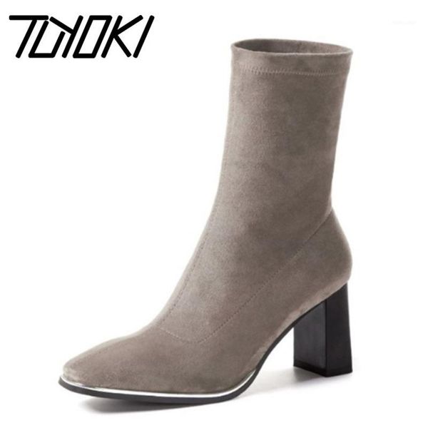 

tuyoki new fashion ankle boots thick high heel square toe flock slip on shoes outdoor solid color ladies footwear size 34-391, Black