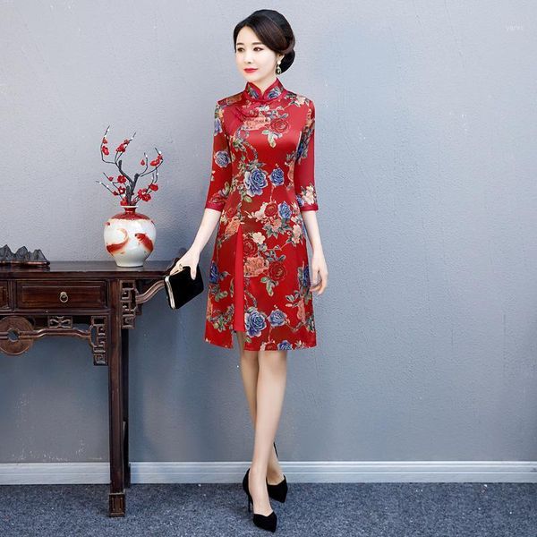 

high-split qipao handmade button mandarin collar chinese traditional long cheongsam dresses for women plus size 3xl 4xl1, Red