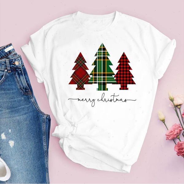 

tees for women print plaid tree holiday 90s trend cute merry christmas ladies clothes lady clothing female t shirt t shirt, White