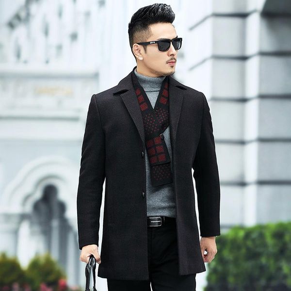 

men's wool & blends 2021 coat middle-aged business casual suit collar woolen autumn winter father's heavy, Black