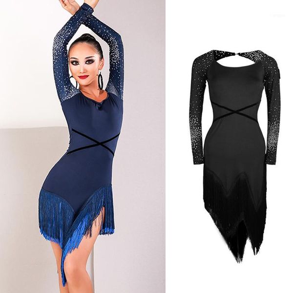 

new latin dance dress rhinestone long sleeve tassel competition dresses backless samba tango salsa cha cha dancewear dn48111, Black;red