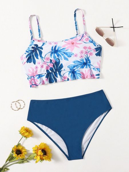 

plus floral print ruffle hem bikini swimsuit d1th#, Black