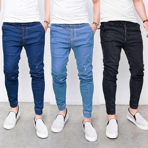 

mens jeans regular fit new spijkerbroeken heren slim fit joggers men lace up jean slim homme stretch black jean men jeans pants1, Blue