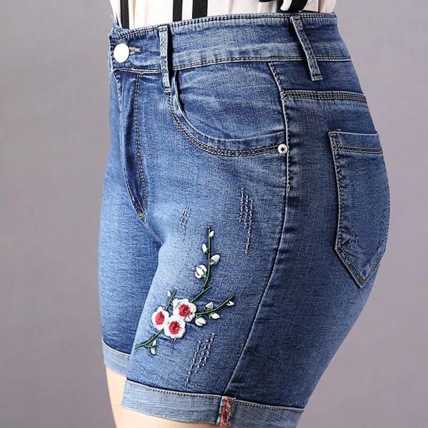 

summer women fashion straight style high waist hell rolled up denim shorts female trendy embroidery jean casual bottom, White;black