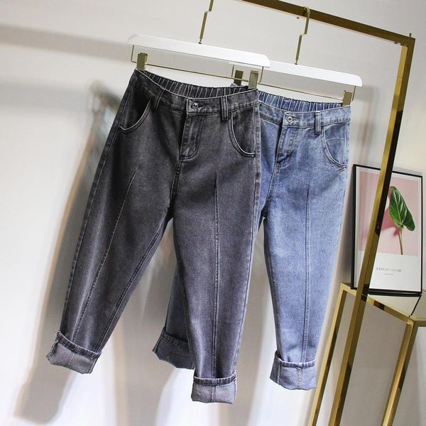 

4xl plus size jeans women elastic denim high waist jeans female harem pants ankle length streetwear loose mom solid q2251, Blue