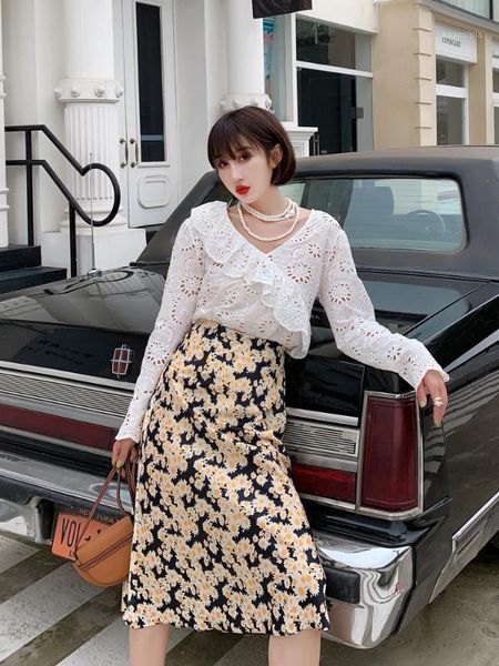 

women daisy flower print midi skirt high elastic waist fresh sweet skirt1, Black