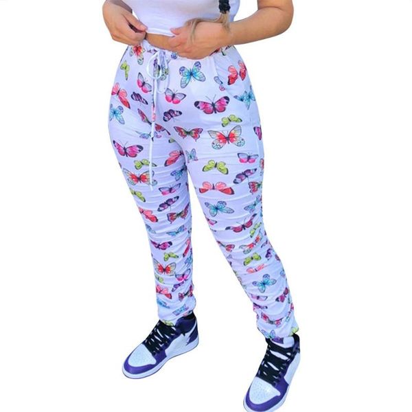 

colorful butterfly printed women pants bandage high waist slim trousers joggers pockets casual ladies fitness running pants, Black;blue
