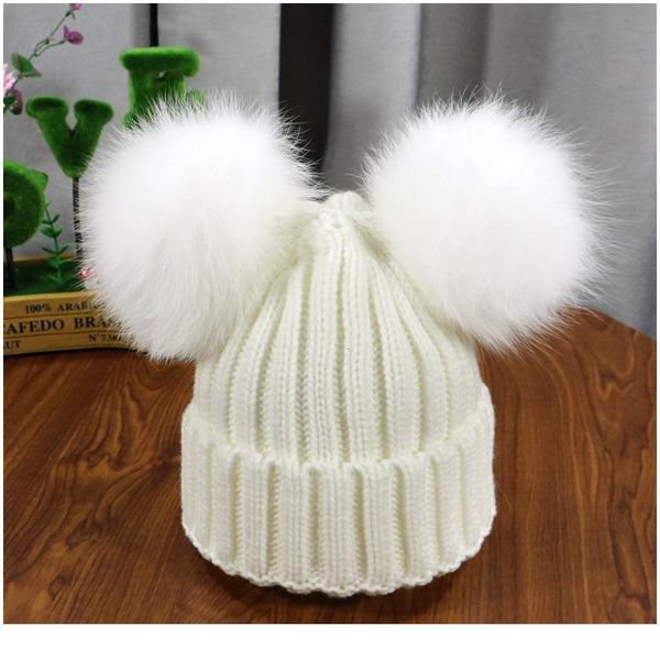 

2020 new double natural pom poms hat girls boys winter warm fur pompom ball knitted beanies hat skullies beanies cotto qyleby