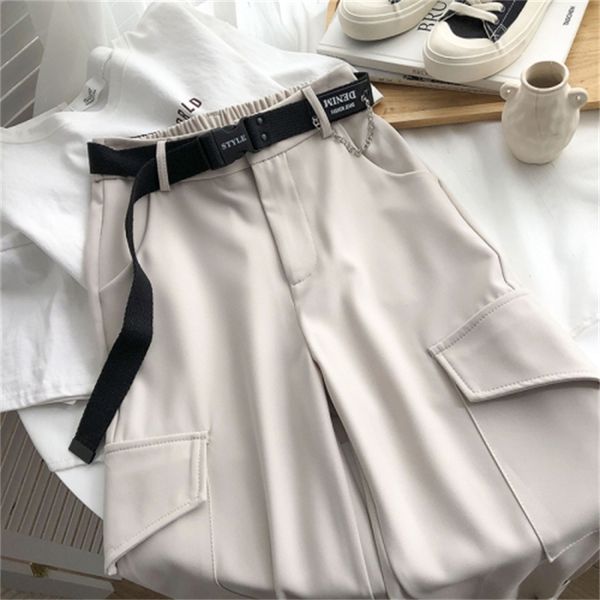 

2021 new high waist tooling harem women's spring korean fashion all-match solid color nine points casual radish pants belt wfl4, Black;white