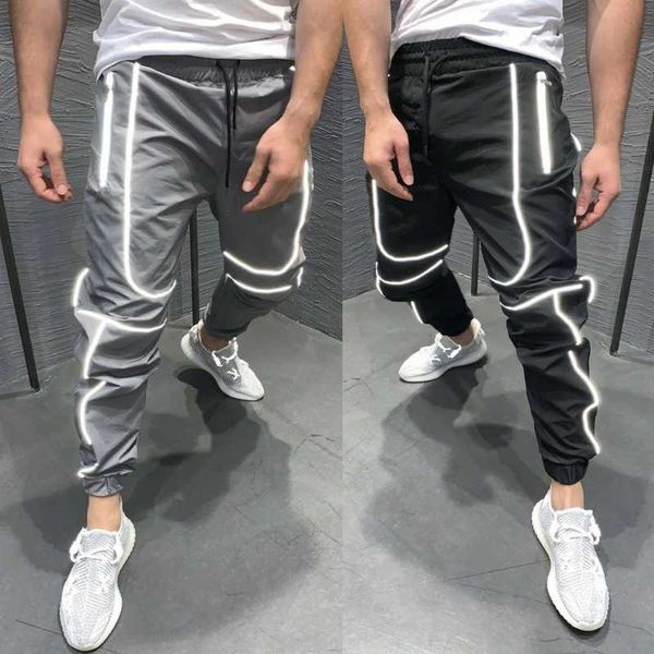 

men luminous pants reflective pencil trousers fashion hip hop street jogging male pants youth casual sportswear men 2020, Black