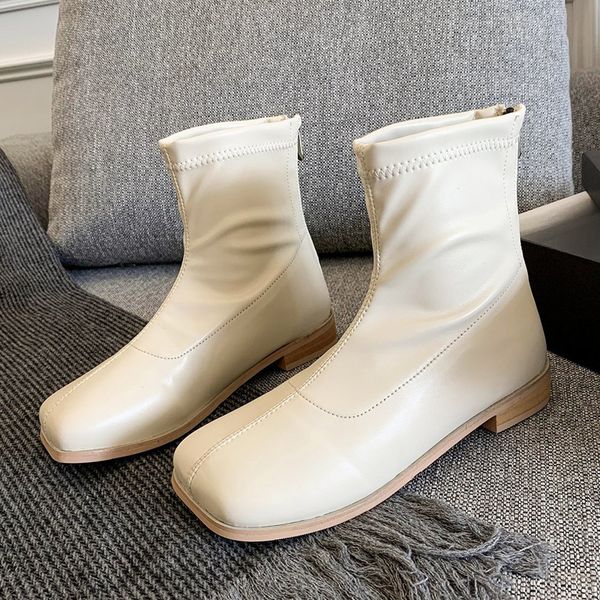 

winter 2020 new elegant women flat ankle beige spring naked low heels casual bottom toe square foot soft leather boots party shoes r8kv, Black