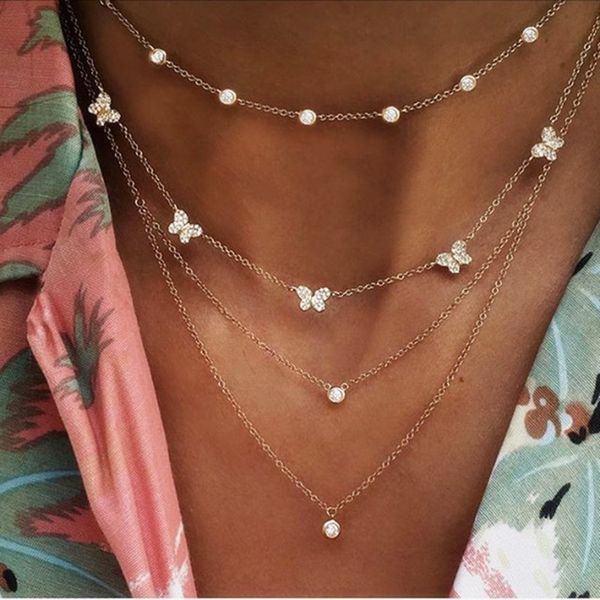 

boho multilayer chain crystal necklaces for women gold color butterfly necklace fashion rhinestone pendant necklace jewelry gift, Silver