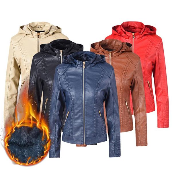 

women's leather & faux 2021 winter stand collar jacket women moto biker coat pu autumn black red