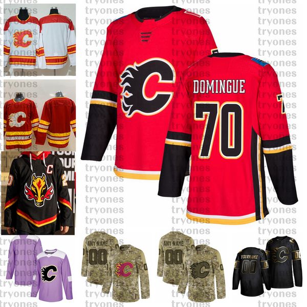 

2021 reverse retro customize #70 louis domingue calgary flames jerseys golden edition camo veterans day fights cancer hockey jersey, Black;red