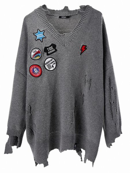 

men patched detail drop shoulder distressed sweater r37j#, White;black