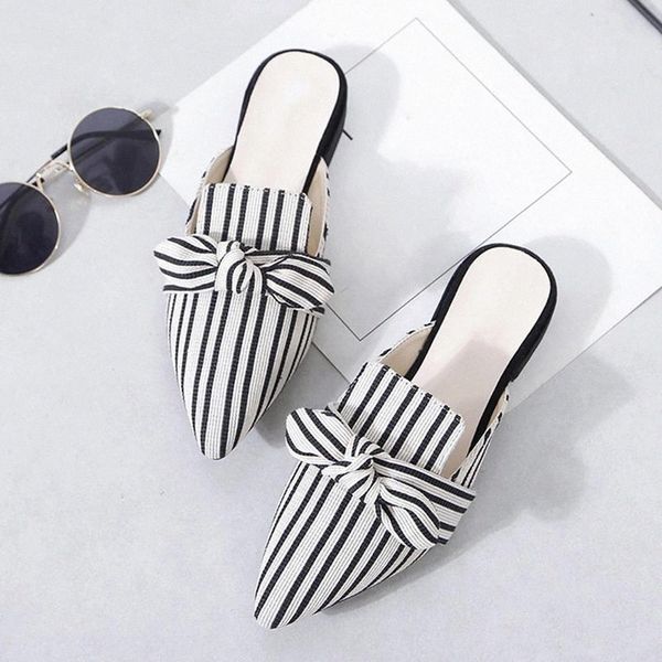 

summer women's slippers ladies elegant pointed toe bowtie woman stripes low heels women shoes fashion female mules 2020 new #yo5y, Black