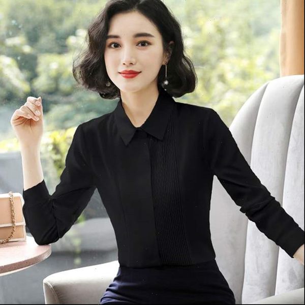 

black shirt women fashion temperament 2021 new spring pleated long sleeve chiffon pleated blouses office ladies formal work, White