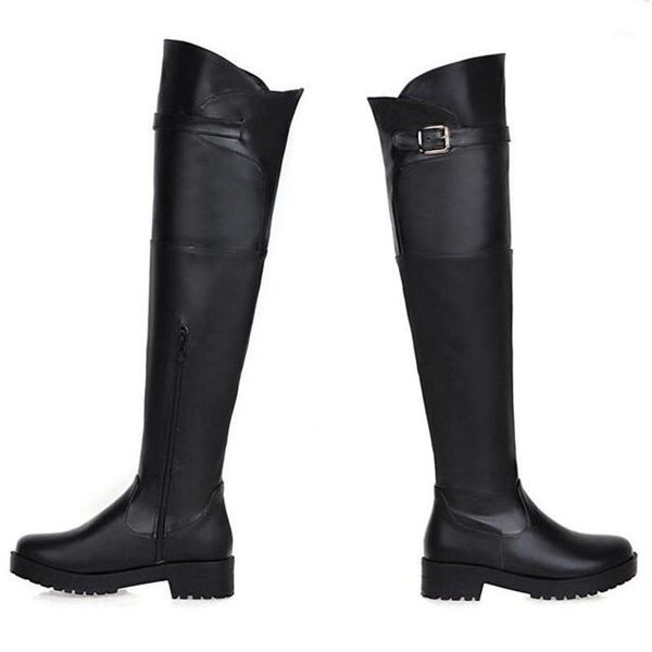 

boots winter thin and over the knee round head side zipper middle heel women fashion belt buckle knights 34-431, Black