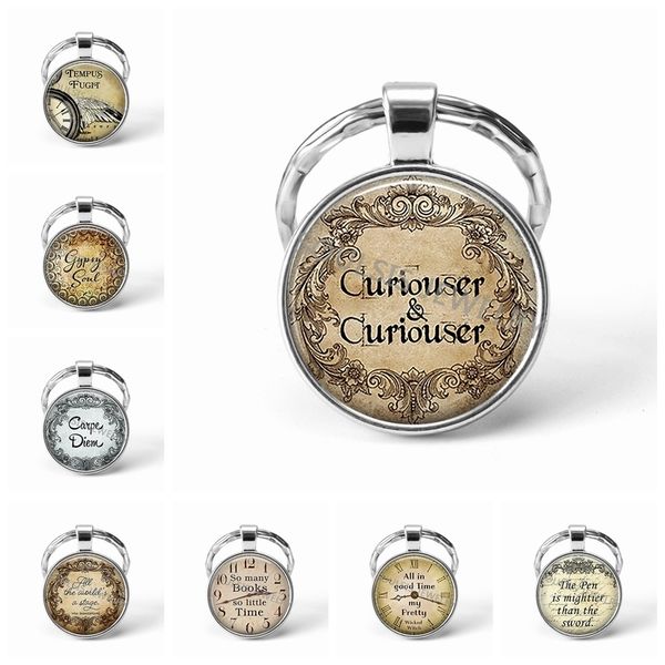 

curiouser pendant alice in wonderland literary quote glass cabochon key chains key ring, Slivery;golden