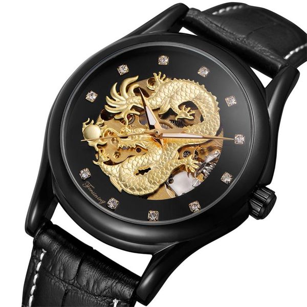 

wristwatches forsining chinese dragon diamond dial waterproof automatic men wrist watch mechanical skeleton watches, Slivery;brown