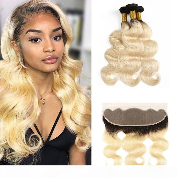 

ombre 1b 613 dark roots honey blonde hair extensions with brazilian 13x4 lace frontal closure body wave human hair weaves closure, Black;brown