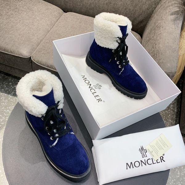 

designer womens boots luxury royal blue suede round head lace-up with fluff low heel with box size 35-41, Black