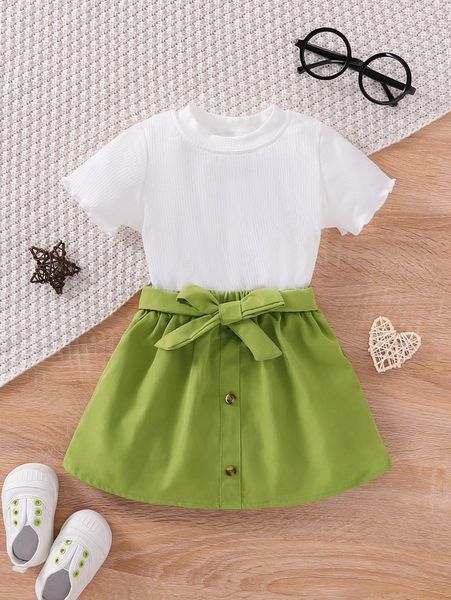 

baby lettuce trim tee & fake button belted skirt she, White