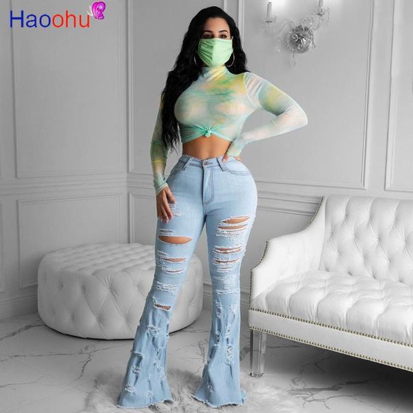 

women's jeans haoohu ripped for women fashion casual club hole denim pants femme bodycon hollow out pencil long flare, Blue