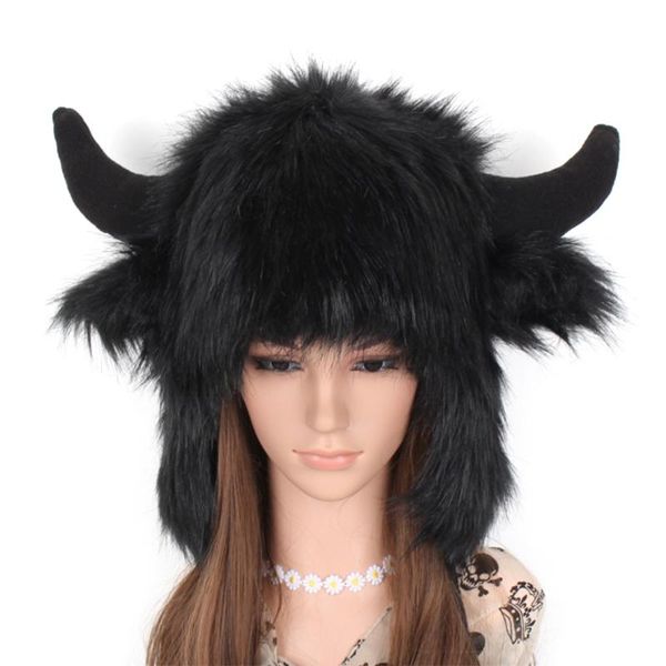 

women men winter furry plush snow trapper hat cute ox horns deer antlers fluffy animal cap with ear flap cosplay earmuff, Blue;gray