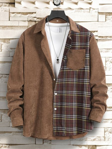 

men plaid panel corduroy shirt without tee t8za#, White;black