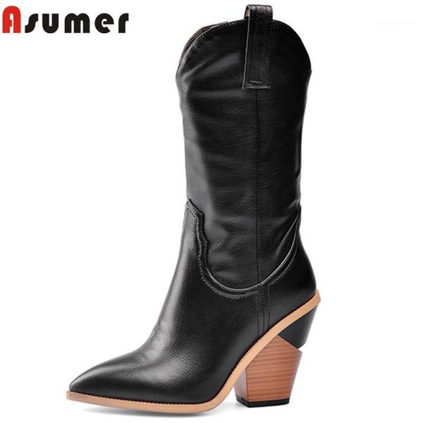 

boots asumer 2021 plus size 45 mid calf women pointed toe wedges high heels dress office shoes autumn winter western woman1, Black