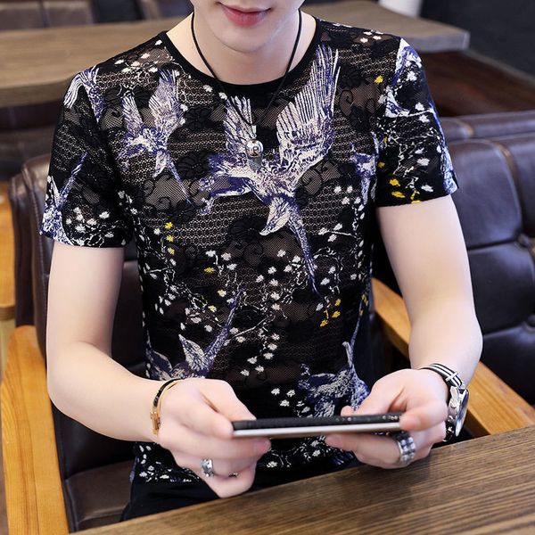 

men's t shirt men brand fashion plaid printed summer casual o-neck slim fit cotton tee kg-230, White;black