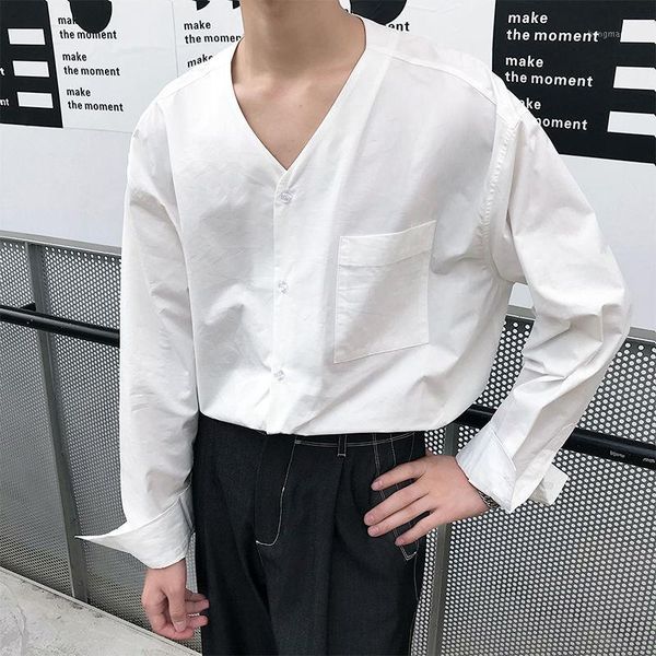 

korean dress shirt men's fashion solid color business casual shirt men streetwear wild loose v-neck long-sleeved mens1, White;black