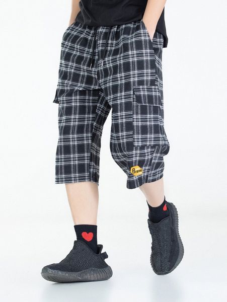 

men plaid letter patched detail flap pocket side shorts n9ha#, Black