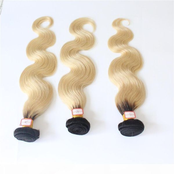 

real quality 3pcs ombre blonde malaysian hair weave bundles hair body wave dark roots blonde hair extensions 1b 613 body wave, Black;brown
