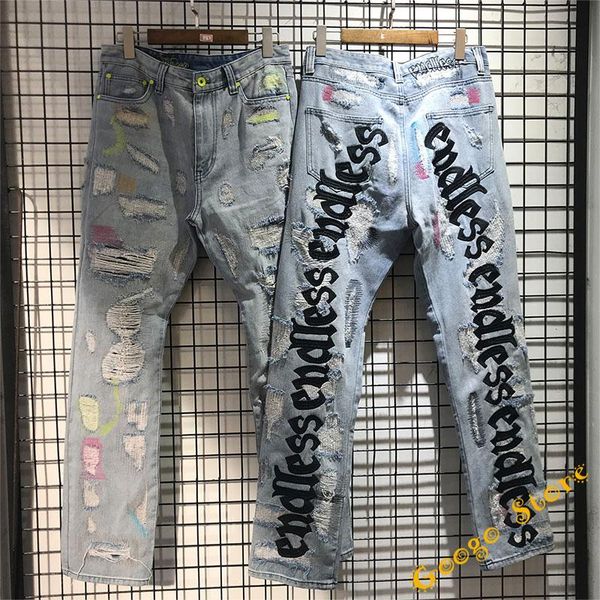 

black fluorescent green letter embroidery denim pants men women hip hop damage hole distressed jeans denim jean, Blue