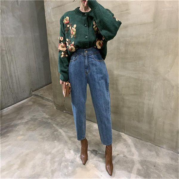 

women's jeans 2021 fashion streetwear women harem pants high waist loose white denim female buttons trousers spring1, Blue