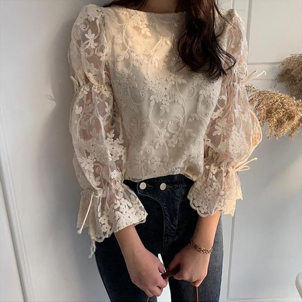 

spring autumn new girl chiffon blouse fashion embroidered shirt sweet flare sleeve casual women blusa, White