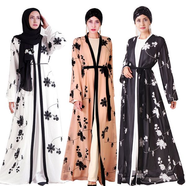 

elegant muslim printing abaya floral maxi dress cardigan kimono long robe mane middle eastern jubah robes ramadan wq2403, White;black