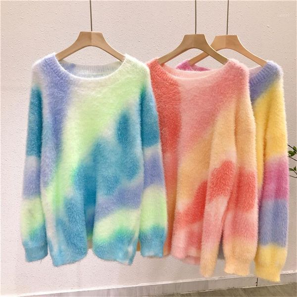 

women's sweaters autumn winter tie dyed faux mink cashmere sweater women warm soft rainbow color long sleeve round neck plush pullover, White;black
