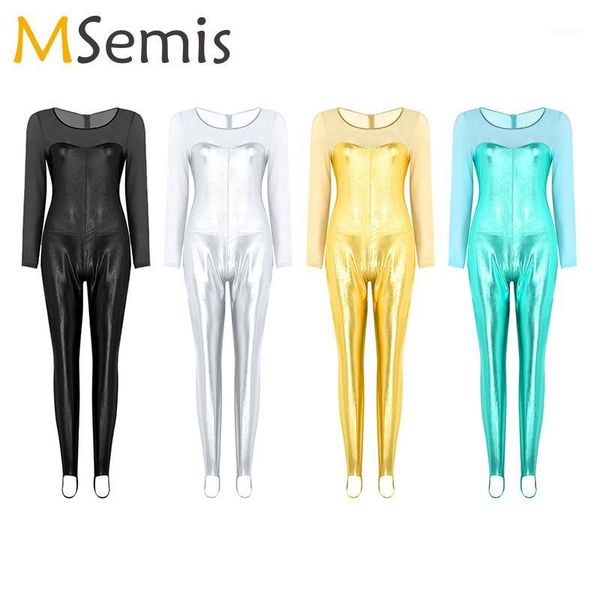 

women ballet leotard gymnastic leotard one-piece shiny metallic scoop neck long sleeve stirrup modern bodysuit dance costume1, Black;red