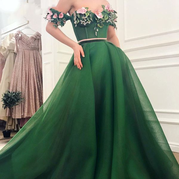 Fora do ombro vestidos de baile 2020 Sweetheart Flores artesanais A linha Esmeralda Verde Ruched Vestido de Noite Dubai Vestidos de Partido Árabe