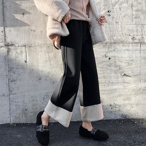 

woolen pants women's autumn and winter new lamb velvet wide-leg pants high waist drape loose nine-point straight casual trousers, Black;white