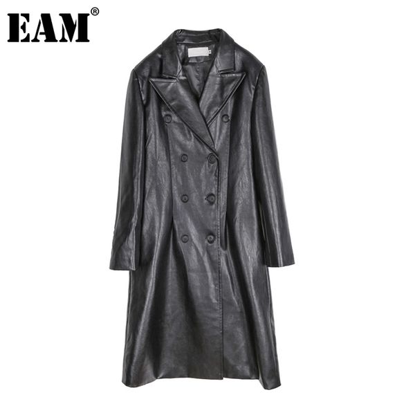 

[eam] women black pu leather split long trench new lapel long sleeve loose fit windbreaker fashion spring autumn 1da477 201031, Tan;black