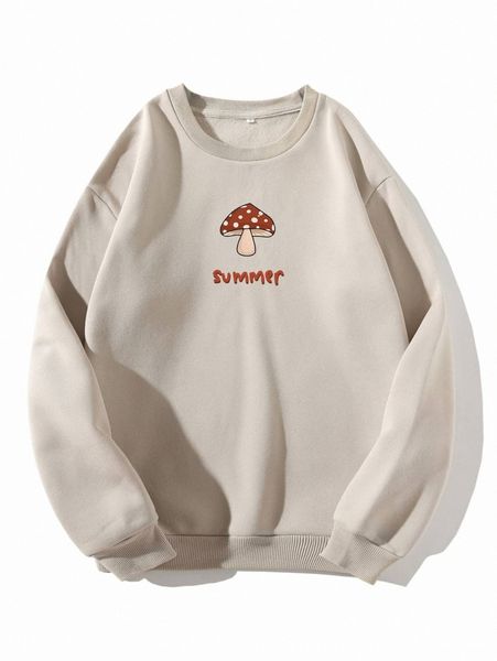 

mushroom & letter graphic thermal lined sweatshirt c1dm#, White;black