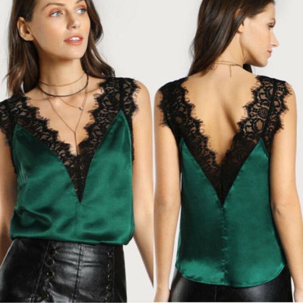 

2019 new women summer ladies sleeveless lace mesh loose vest v-neck cami soft tank lace patchwork women camis, White