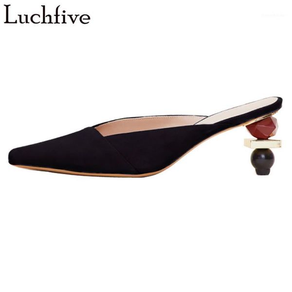 

slippers asymmetry heel suede woman pointy toe mule shoes runway slip on outwear black party woman1