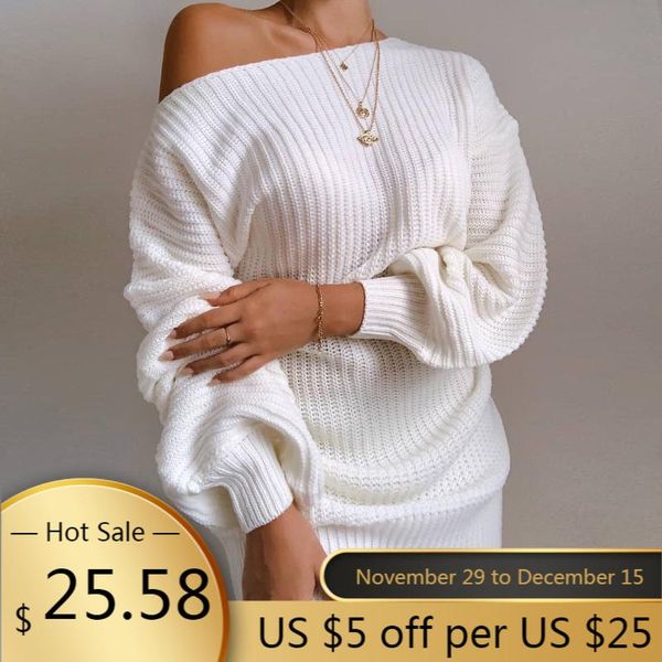 

casual dresses off-the-shoulder lantern sleeve knitted sweater dress 2021 fashion high waist autumn for women, Black;gray