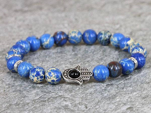 

charm bracelets 2021 design high grade jewelry 8mm blue sea sediment stone bead with silver hamsa bracelet yoga mala handmade, Golden;silver