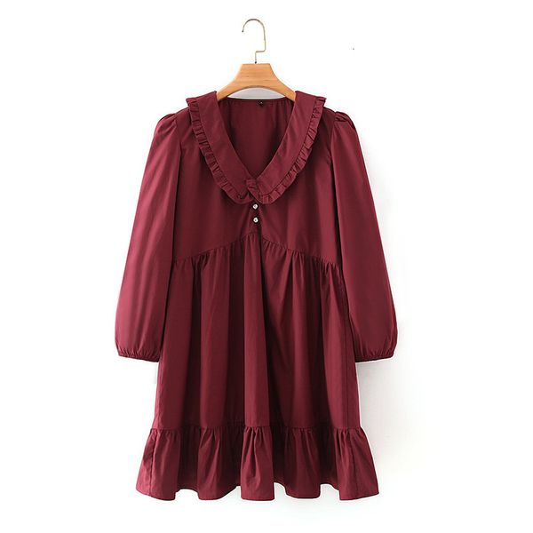 

2021 new burgundy red ruffle mini women fashion v-neck long sleeve pleated dress woman vintage loose casual ladies dresses by2u, Black;gray